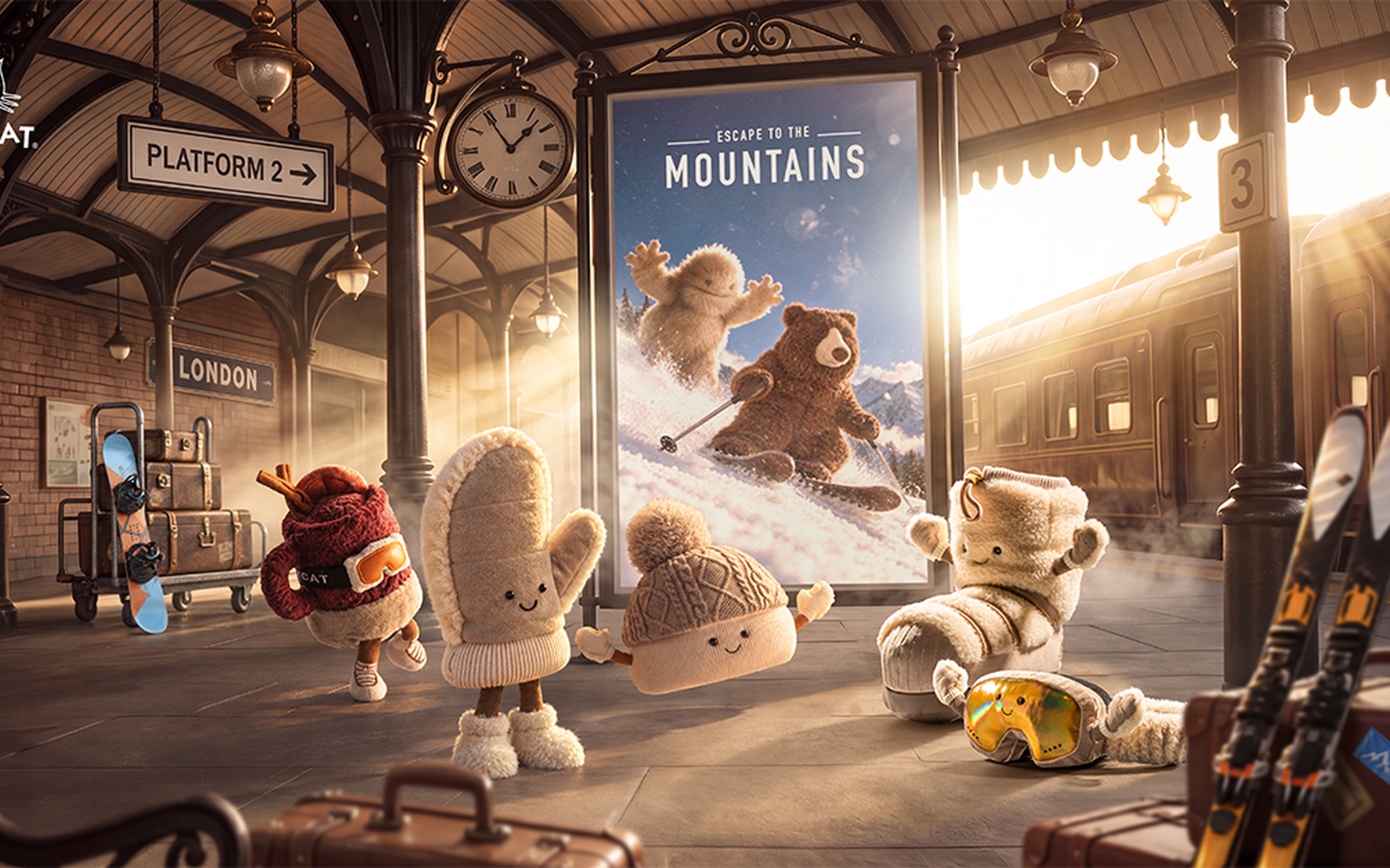Peluches en forme d'accessoires d'hiver sur le quai d'une gare vintage avec une affiche de montagne.
